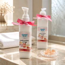 Two bottles of RDC hand and body lotion on a marble surface with a blurred background