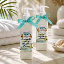 Two bottles of RCDC Island Escape hand and body lotion on a beach-themed setting with seashells and sand.