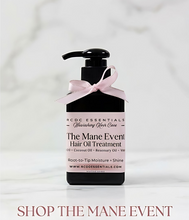 A black pump bottle of RCDC Essentials Hair Oil Treatment with a light pink ribbon bow tied around the neck, set against a white marble background with promotional text at the bottom.