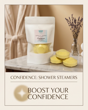 A stand-up pouch of Confidence shower steamers by Nido, shown on a marble surface with several round yellow steamers beside it. The background includes soft beige curtains and a glass vase with dried lavender.