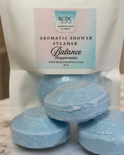 A white resealable pouch labeled 'RCDC Handmade Soaps & Candles Aromatic Shower Steamer Balance (Peppermint)' with three round light blue bath steamers visible inside, photographed close up.