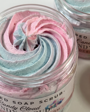 A close-up of a clear jar filled with whipped pink and light blue soap scrub, labeled 'Candy Cloud' by the brand 'Red Soapy'.