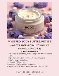 Whipped Body Butter Recipe – 60 oz Batch (Downloadable PDF)Whipped body butter recipe book cover
Body butter making manual for skincare brands
Step-by-step whipped butter formulation guide