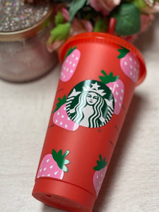 Pink Strawberry ~ Personalized Custom Design Reusable Starbucks Cup