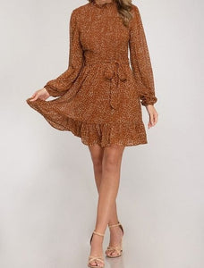 Cinnamon Leopard Print High Neck Long Sleeve Flowing Dress