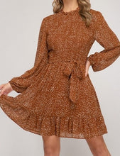 Cinnamon Leopard Print High Neck Long Sleeve Flowing Dress