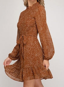 Cinnamon Leopard Print High Neck Long Sleeve Flowing Dress