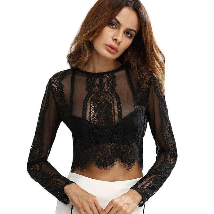 Scalloped Lace Long Sleeve Cropped Top