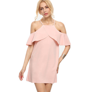 Pink Cold Shoulder Ruffle Sleeve Mini Dress