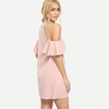 Pink Cold Shoulder Ruffle Sleeve Mini Dress