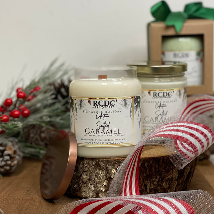 Bougie de soja naturelle coulée à la main au caramel salé ~ Grand pot