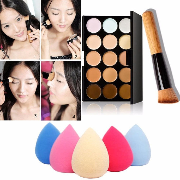Palette de 15 couleurs de correcteur de crème/éponge à eau/pinceau à poudre