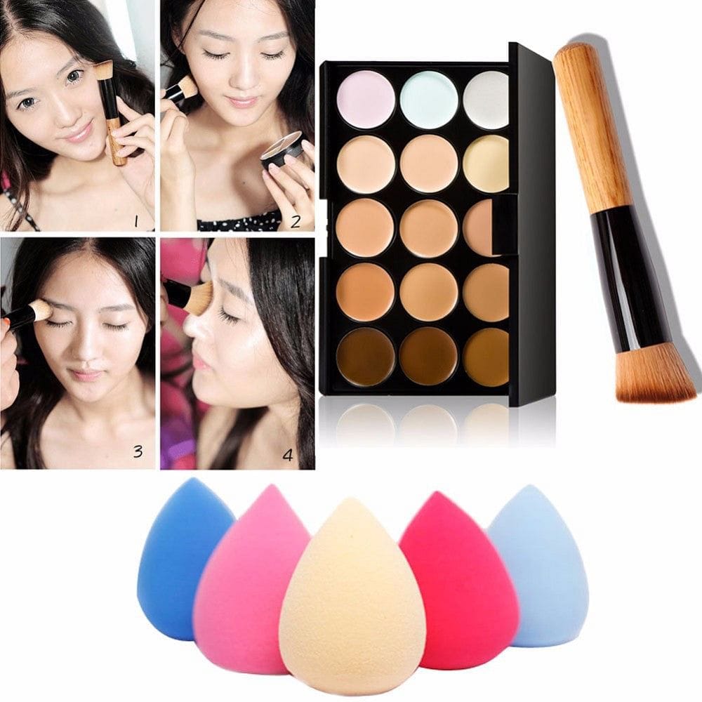 Palette de 15 couleurs de correcteur de crème/éponge à eau/pinceau à poudre