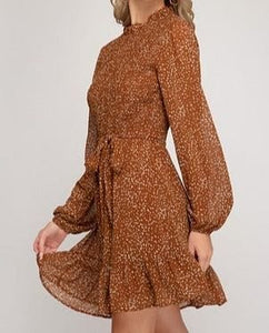 Cinnamon Leopard Print High Neck Long Sleeve Flowing Dress