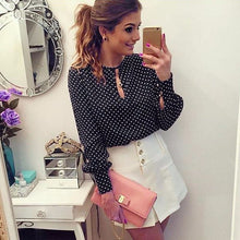 Fine and Feminine Splice neck Long Sleeve Polka Dot Chiffon Blouse