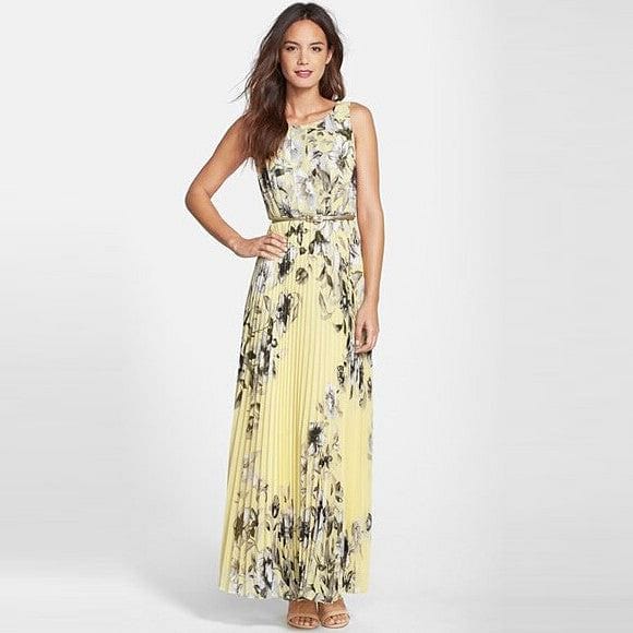 Floral Print Pleated Chiffon Maxi Dress