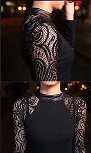 Haut en tricot à manches longues et coupe ajustée avec col ras du cou en cuir