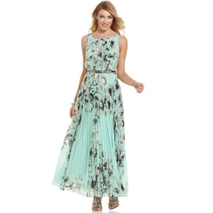 Floral Print Pleated Chiffon Maxi Dress