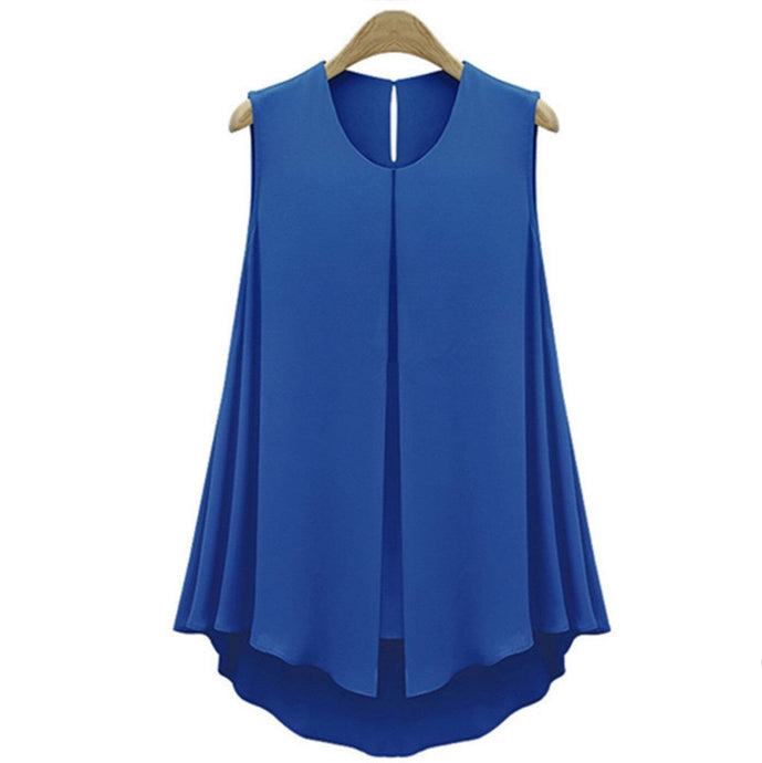 Nueva camiseta informal sin mangas con cuello redondo para mujer en azul y albaricoque