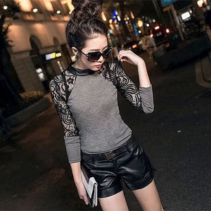 Lace Long sleeve slim fit knit top with leather crew neck