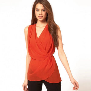 Wrap Front V Neck Chiffon Blouse