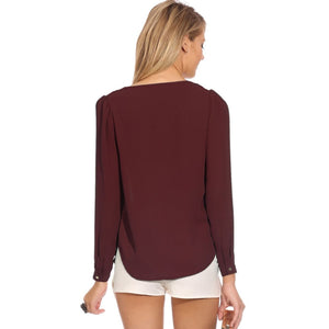 Blusa de gasa de manga larga con escote en V de moda para mujer